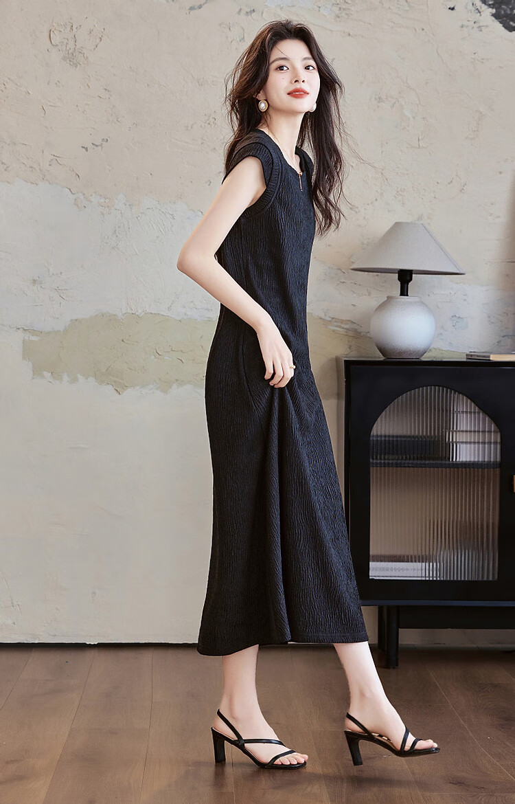 Demana [Comfort Elastic Soft] Summer Simple Style Round Neck Slim Fit Cap Sleeve Petite Elegant Body-Shaping Knit Women's Dress 23