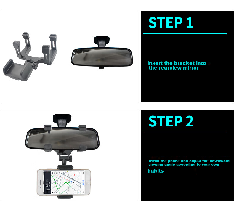 Kylie Rearview Mirror Phone Holder, Car Phone Mount, Car Phone Stand, Phone Holder for High-End AR Navigation, 360-Degree Rotating Clip-On Universal Fixed Bracket 11