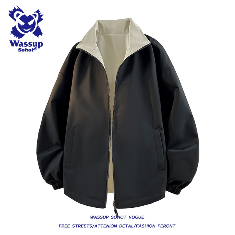 Wassup Sohot Men's Jacket, Spring And Autumn Reversible Outdoor Coat, Trendy Casual Stand-Collar Flight Jacket, Black, 3XL