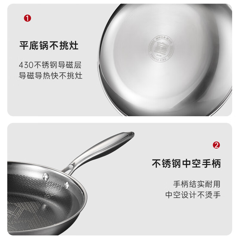 COOKER KING Frying Pan, Non-Stick Pan, Stainless Steel, Thickened, Wear-Resistant Steak Griddle, 28cm, Compatible with Induction Cookers, Xingmu XM28JG