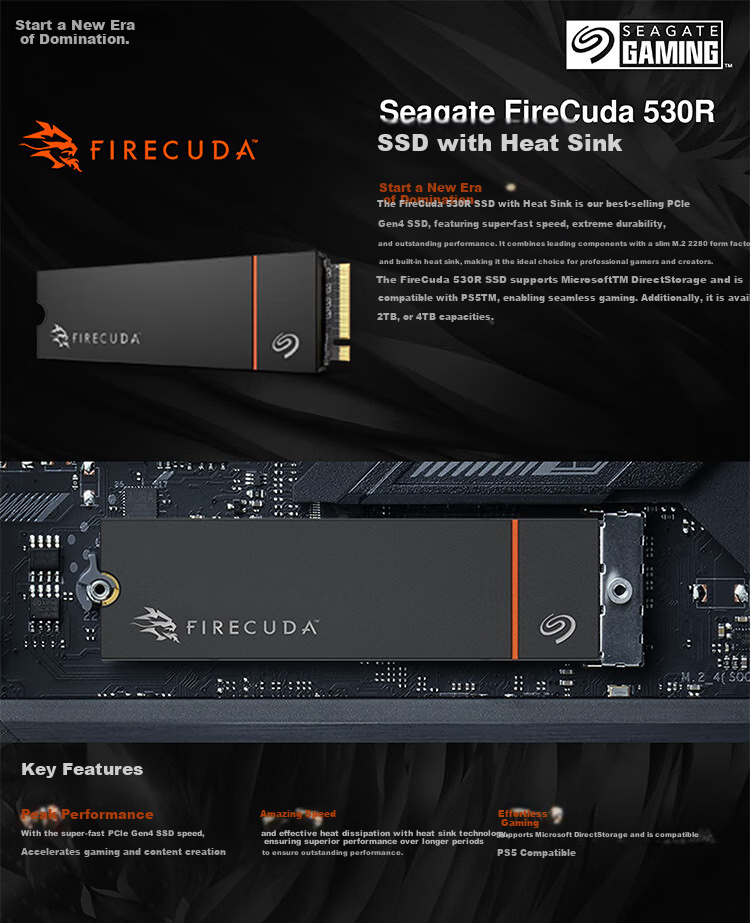SEAGATE 2TB SSD Solid State Drive M.2 with Heatsink (NVMe Protocol, PCIe 4.0×4) AI Computer Accessory Gaming Player Read Speed 7400MB/s Cool Play 530R 2