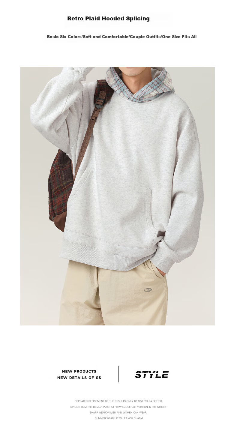 MMOPTOP American Retro Plaid Hoodie for Men, Spring And Autumn Season, Color Block Splicing Casual Top VE55162, Flax Gray, Size L 2