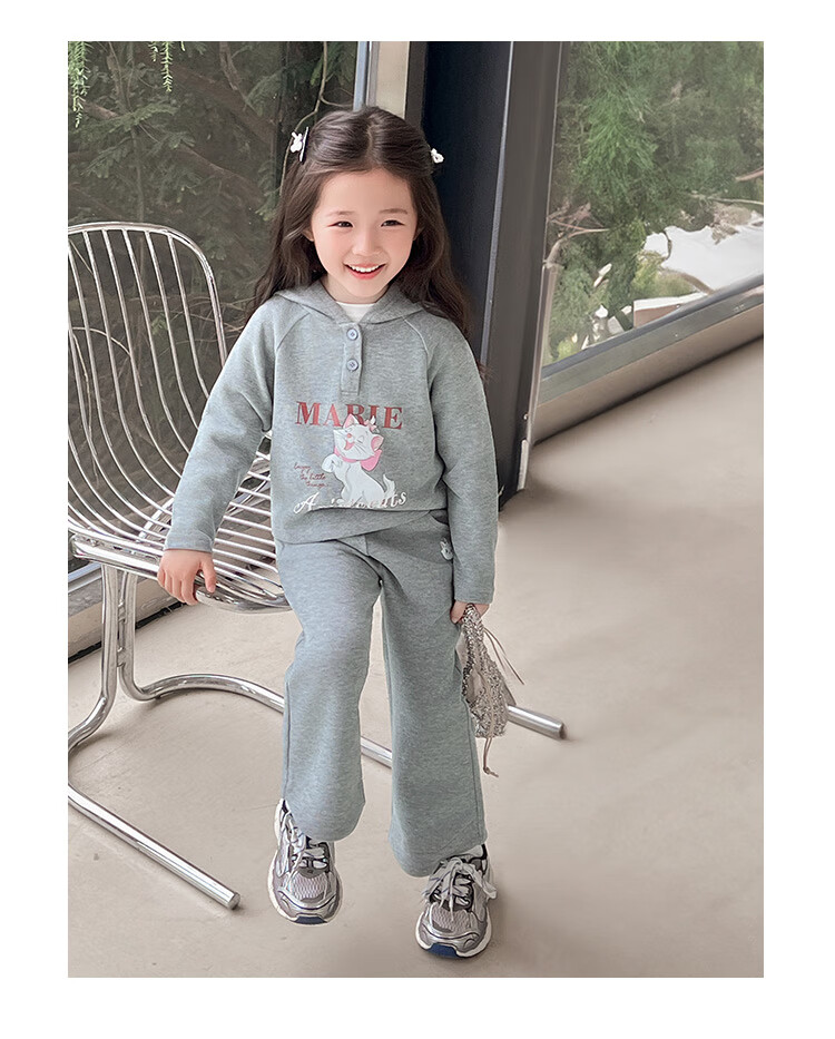 Disney Girls' Set, Children's Hooded Top And Flared Pants, Casual Two-Piece Outfit for Young Kids, Autumn Season, Light Floral Gray, Size 110 9