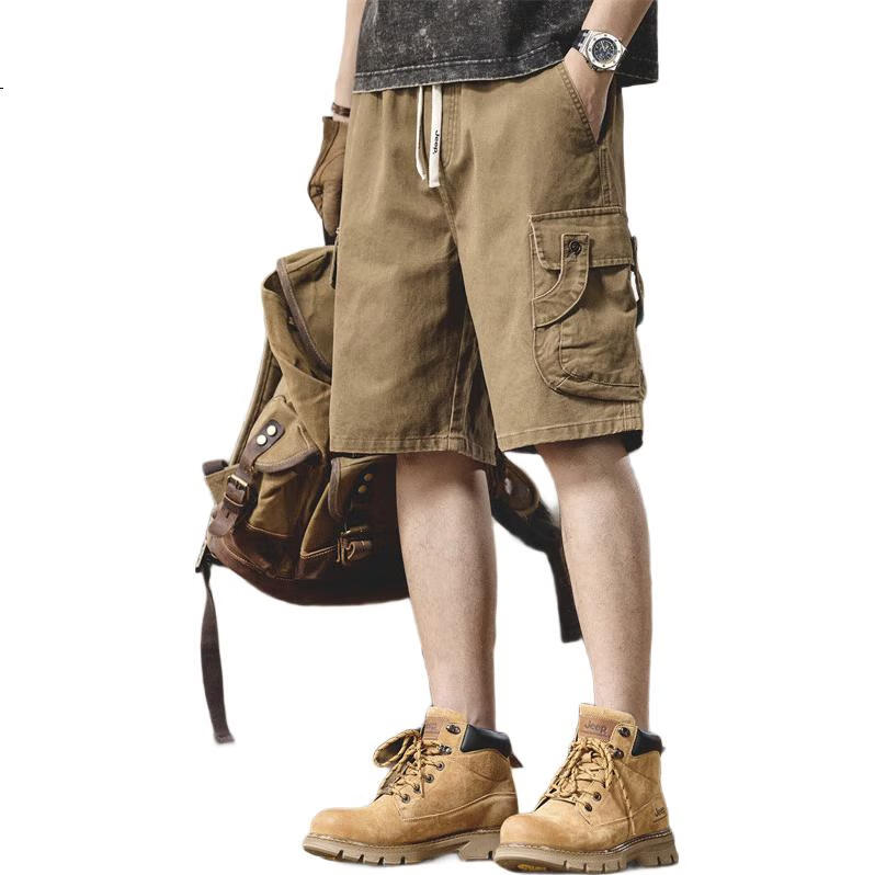 JEEP Men's Shorts, Summer Casual Breathable Loose Cargo Pants, Versatile Five-Point Shorts, Khaki, 2XL