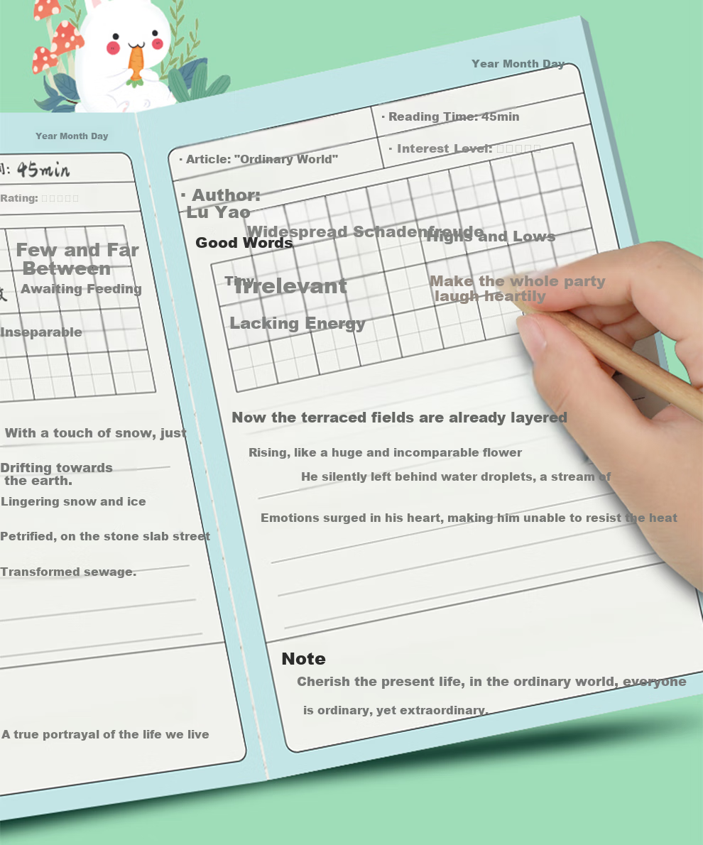Faramon Elementary School Student's Daily Accumulation Reading Notes, Good Words And Sentences Collection Notebook, Reading Record Book, Vocabulary Accumulation Student Record Book, Pink Rabbit, 10 Books 5