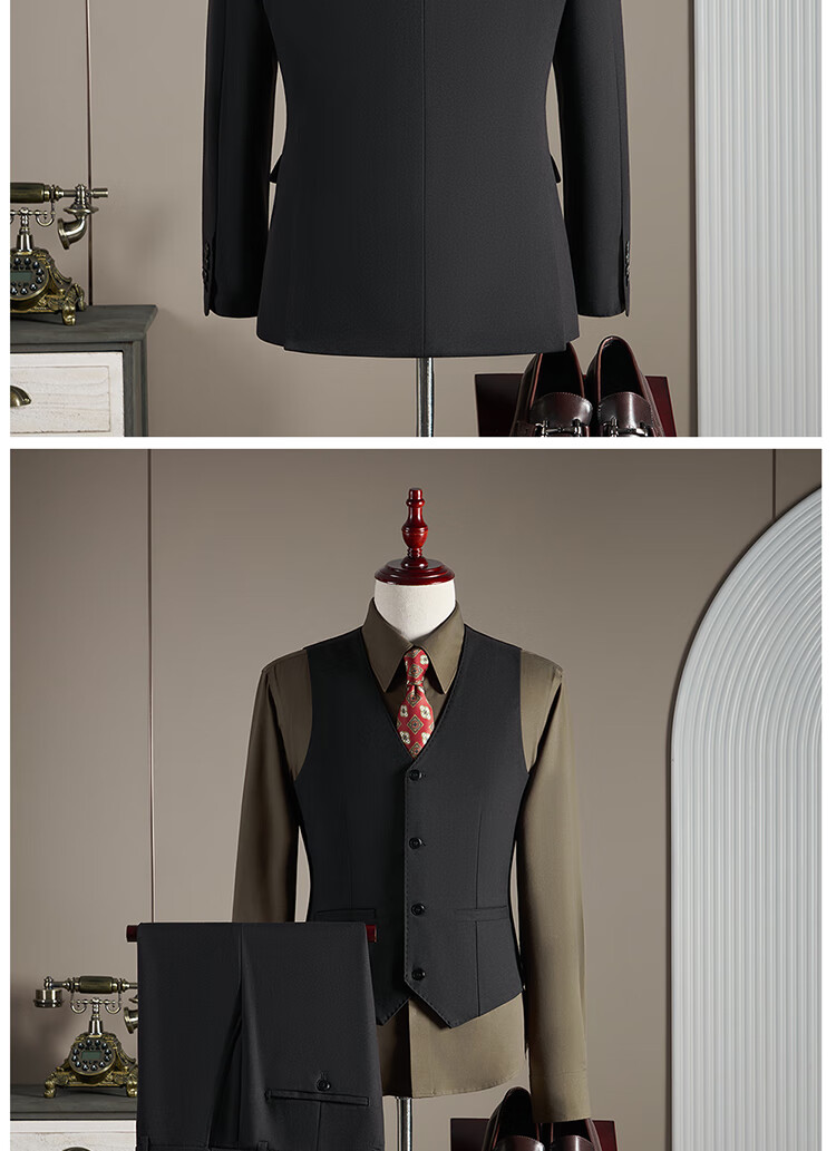ROMON Men's Slim Fit Wool Suit Set with Blazer, Vest, and Trousers, Black, 3XL 4