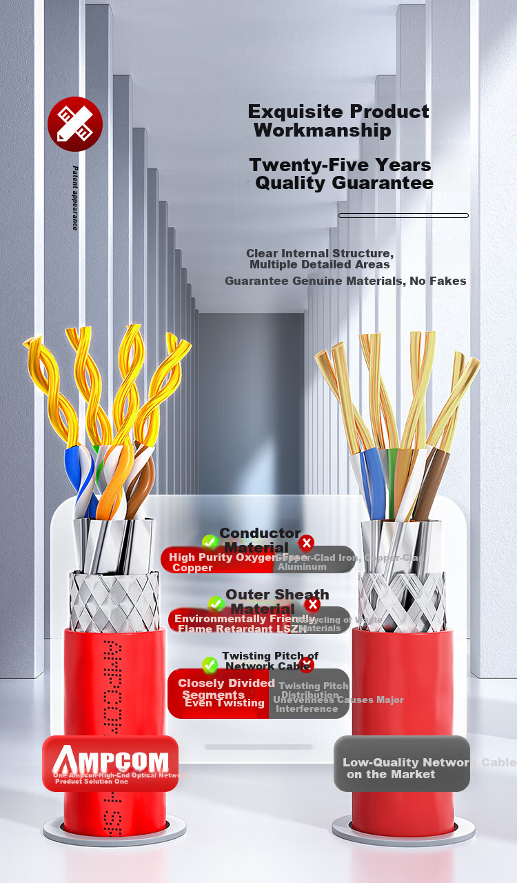 AMPCOM CAT6A Shielded Ethernet Cable, Double Shielding, 50 Meters, 10 Gigabit Flame-Retardant 0.58mm Oxygen-Free Copper, for Engineering And Home Installation, Broadband Anti-Interference Network Cable AMC6A050GY 3