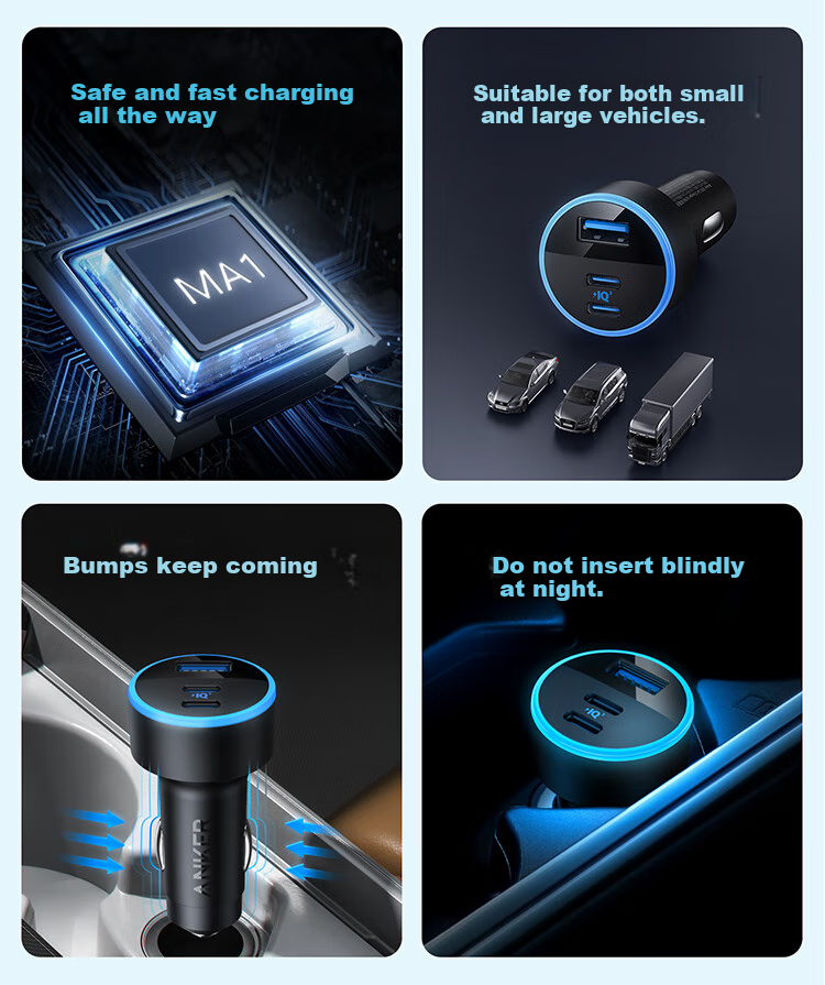 ANKE Car Charger, 67W Car Cigarette Lighter Fast Charging Adapter, Three-Port High-Power Car Charger, Compatible with Huawei, Xiaomi, Apple 18/17 Android Phones And Laptops, Black 3