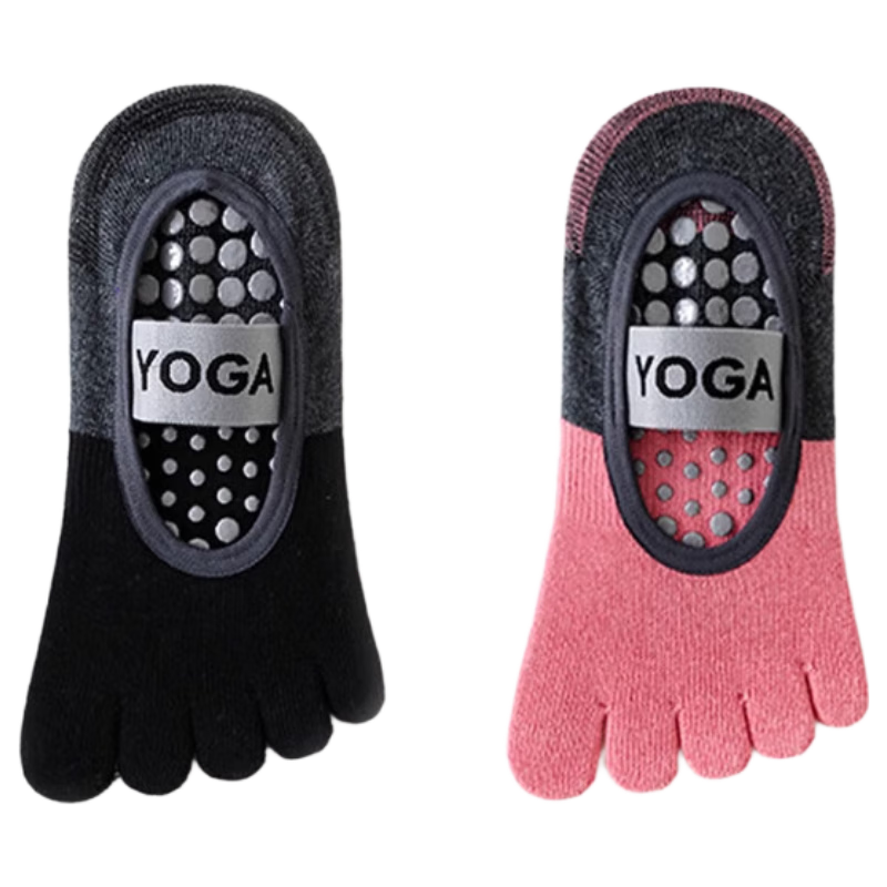 Keerluoke Yoga Socks for Women, Professional Non-Slip Pilates Indoor Exercise Aerobics Dance Fitness Five-Toe Socks, 2 Pairs Black + Pink