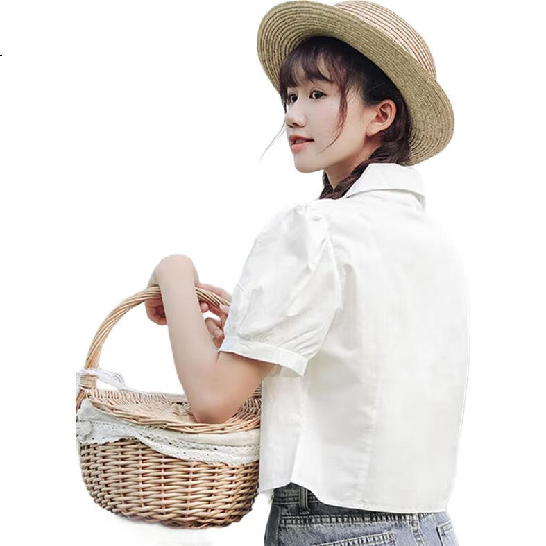 JEANSWEST Women's Summer 2025 Loose Puff Sleeve Short Sleeve Crop Shirt White L