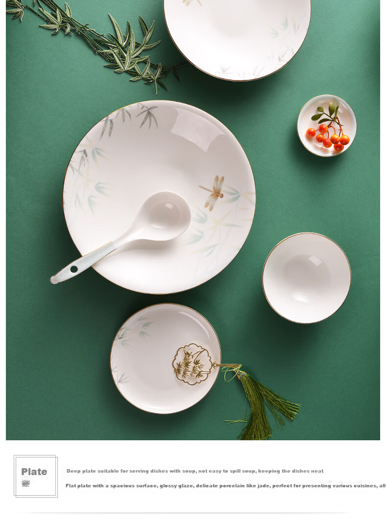 HG Guoci High-Temperature Glazed Bone China Dinnerware Set, Light Luxury Gold-Rimmed Qingting, 6 People, 32 Pieces 10