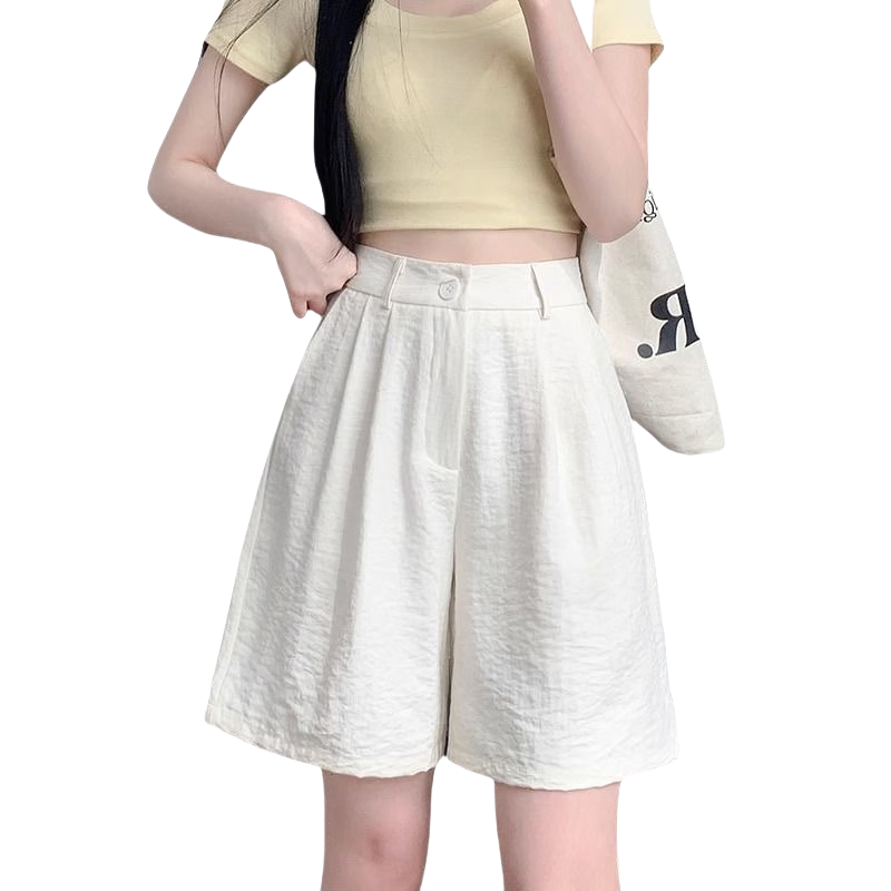 LangSha Milk Puff Suit Shorts for Women, Ice Silk Summer New High-Waist Loose Casual Mid-Length Pants, Relaxed Loose-Fitting Five-Point Shorts