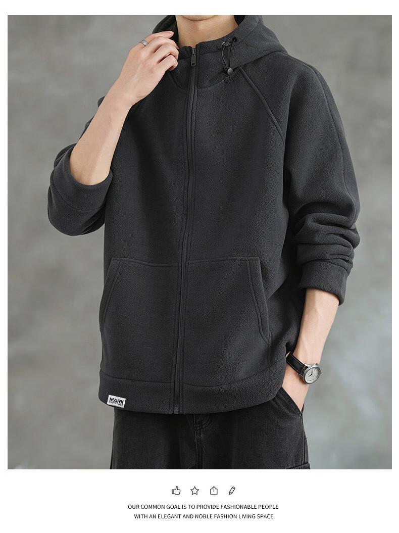 FAIRWHALE Men's Hoodie Autumn Winter Fleece-Lined Zip-Up Jacket Loose Fit Warm Casual Top Gray Fleece Lined L 6