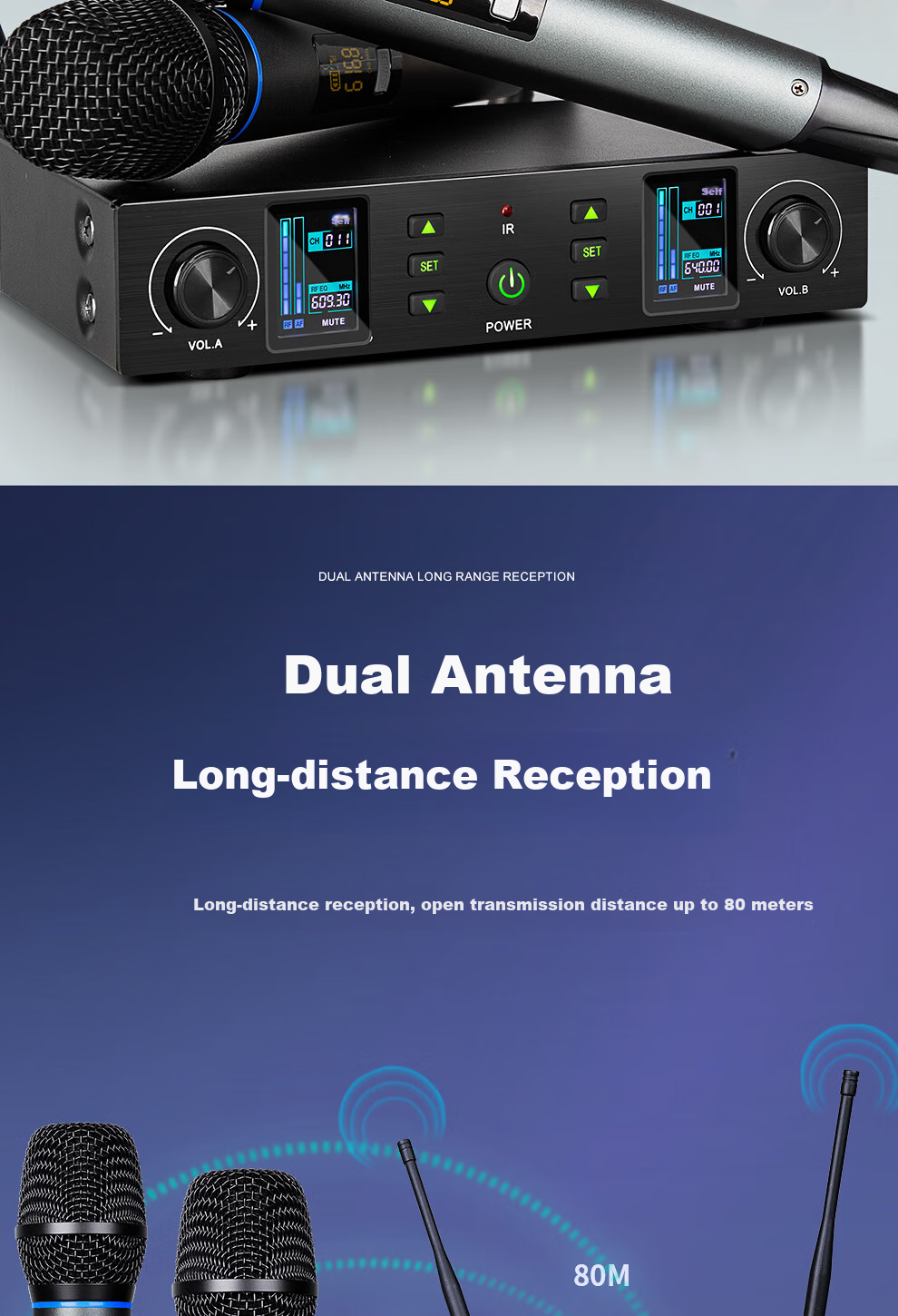 Depusheng WG1 Wireless Microphone System with Two Mics, Rechargeable Home Karaoke Conference KTV Speech Training Teaching Singing 80m Stable Reception UHF FM Professional Microphone 3