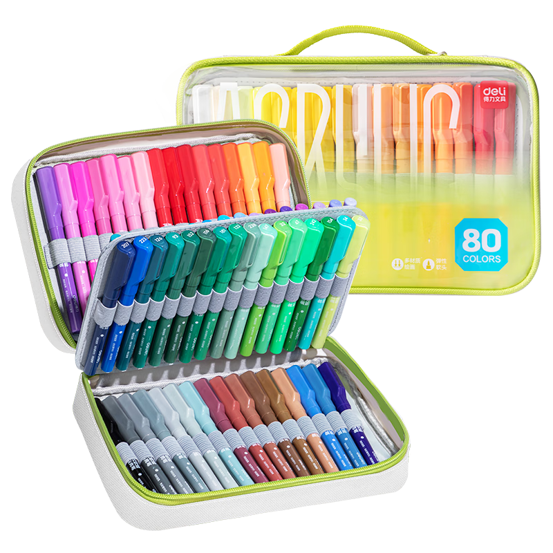 Deli [Back to School Stationery] 80-Color Direct Liquid Acrylic Markers, Soft Tip, High-End Fabric Bag Style, Large Capacity, Hand-Drawing Pens, Layered Colors, Student Children's Watercolor Pens, Birthday Gift for Boys And Girls
