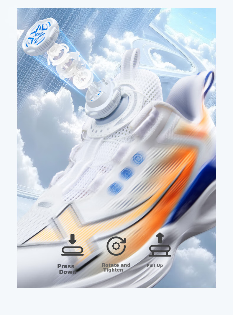 XTEP Children's Shoes, Boys' Mesh Breathable Lightweight Non-Slip Rotating Buckle Running Shoes, Classic White/fluorescent Bright Orange, Size 33 15