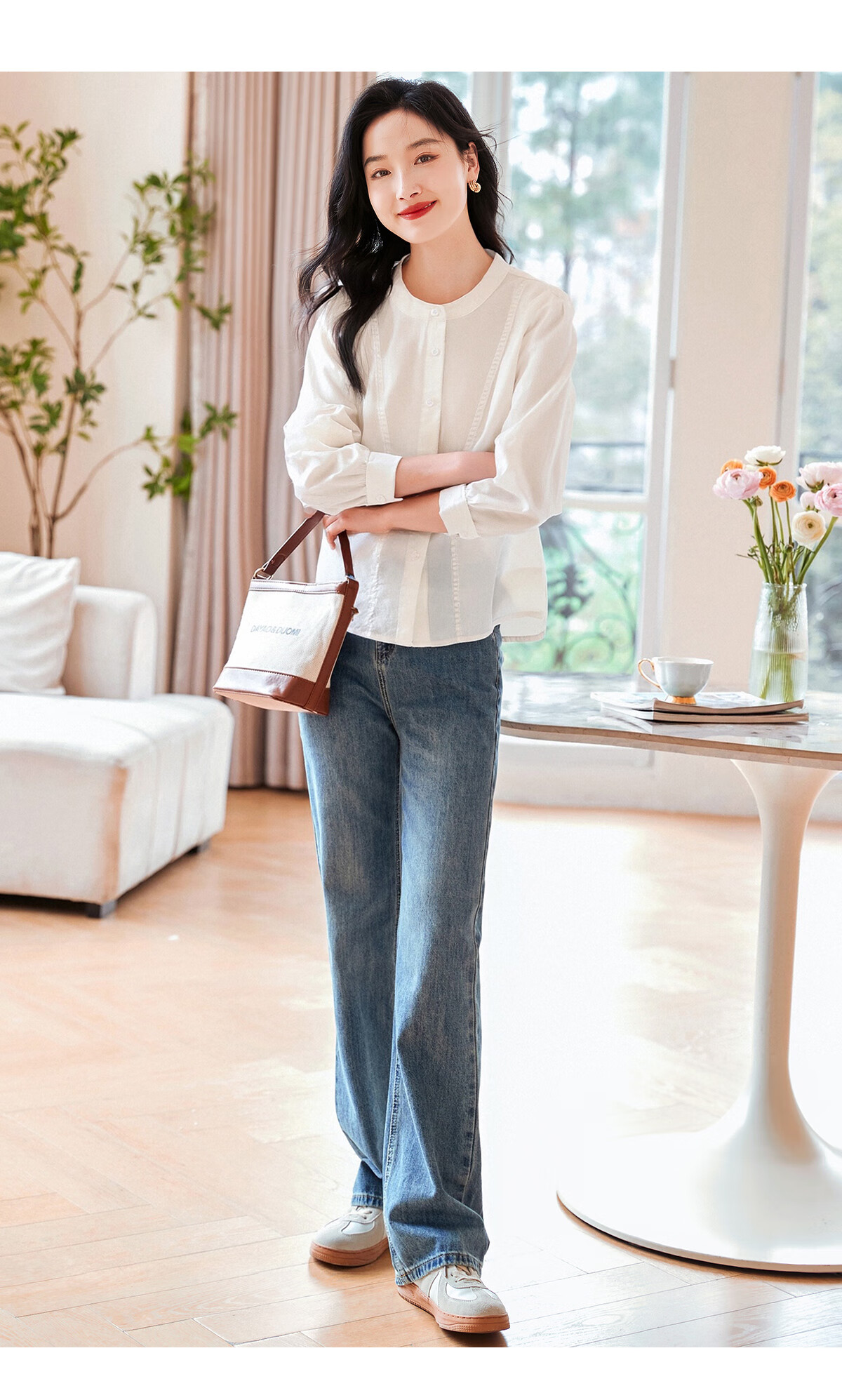 Chushen Women's Spring and Autumn Long Sleeve Shirt Fashion Small Stand Collar Cotton White Shirt S53S015 5