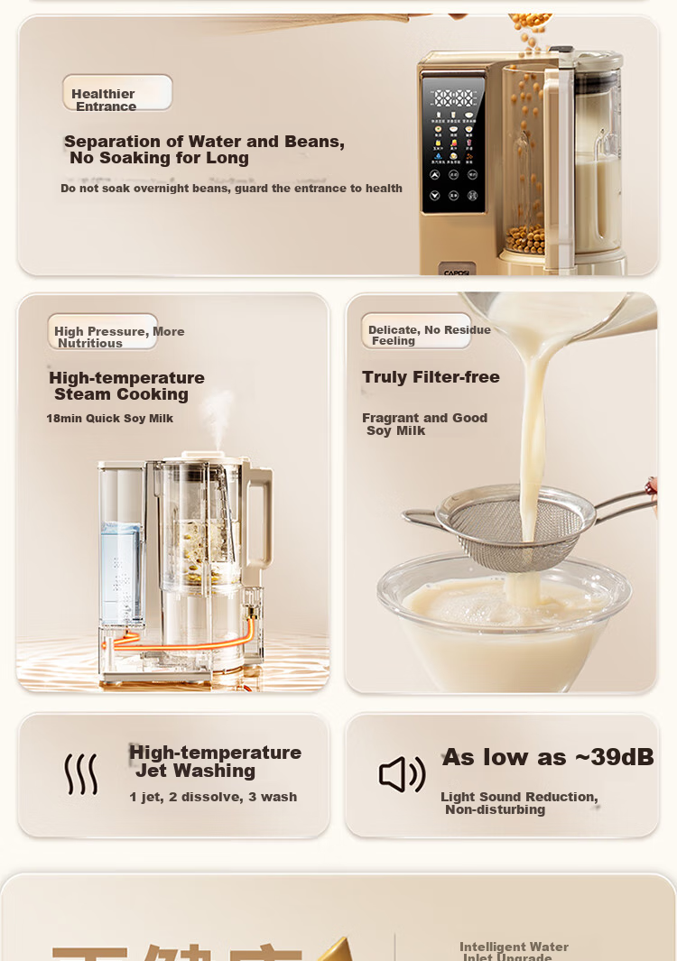 CAPOSI German [0 Coating | Water Bean Separation] Steam Blender, Fully Automatic No-Cooking 2026 New Quiet-Operating Soy Milk Maker, Pulp-Free Home Use Self-Cleaning Multi-Grain Baby Food Processor 9