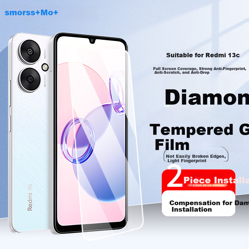 Smorss [2 Pieces Premium] Tempered Glass Screen Protector for Redmi 13c, Full Coverage No Black Edge High Definition Anti-Drop Low Fingerprint Phone Protective Film