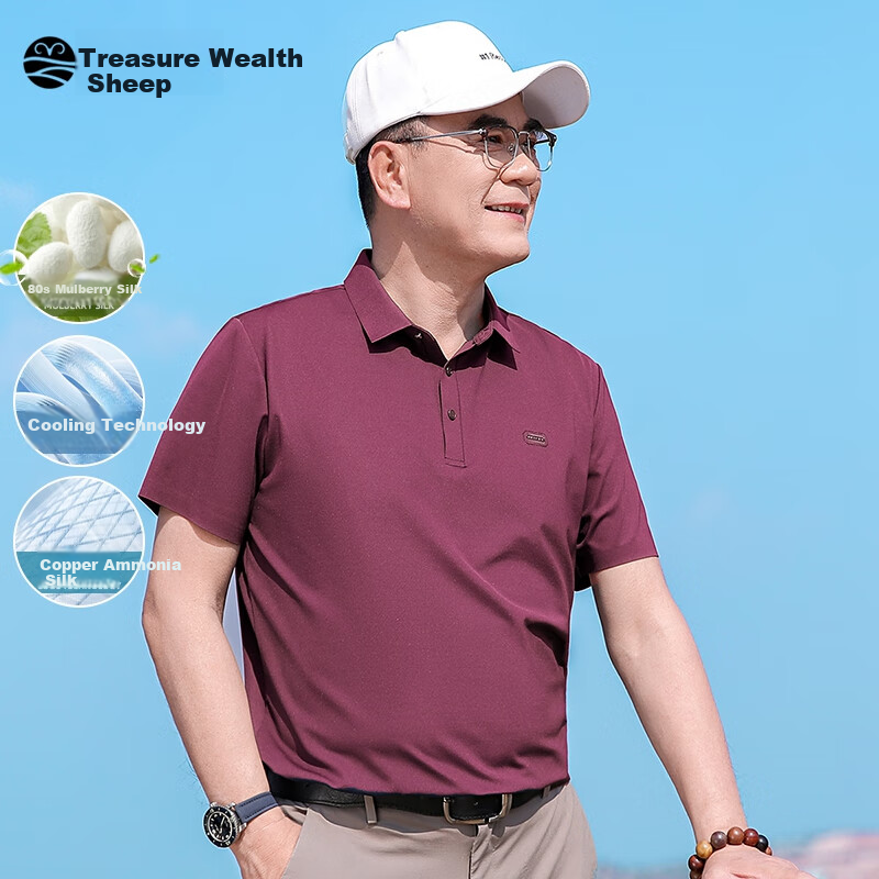 Baocaiyang Mulberry Silk High-End Polo Shirt for Men, Summer Short-Sleeve T-Shirt for Middle-Aged And Elderly Fathers, Father's Day Gift