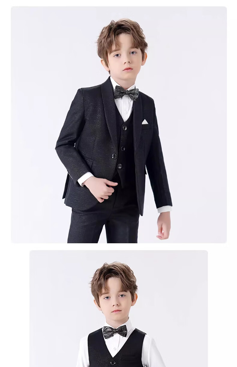 Romon Children's Suit Set Boys' British Style Host Piano Performance Outfit Autumn Shiny Black 5-Piece Set Size 110 13