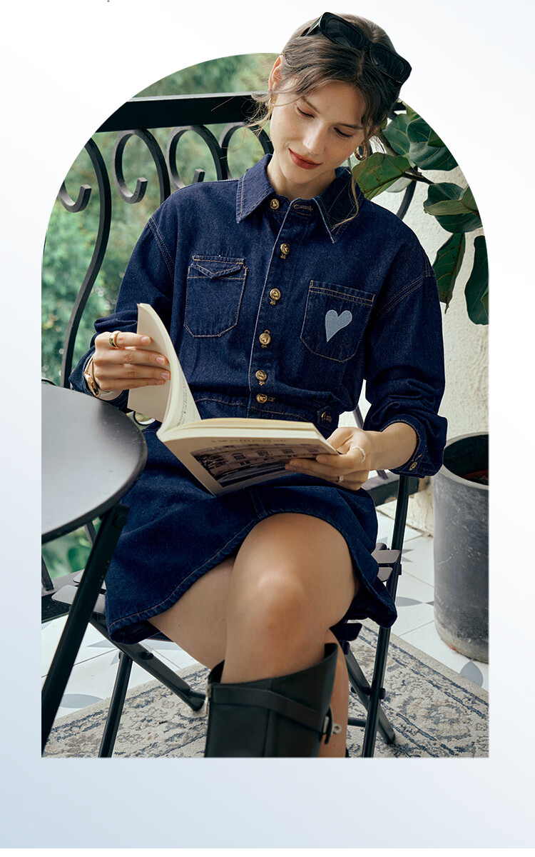 Olrain Eurielle Lapel Denim Dress Women's Autumn Waist-Slim Vintage Petite Dress Prussian Blue L 5