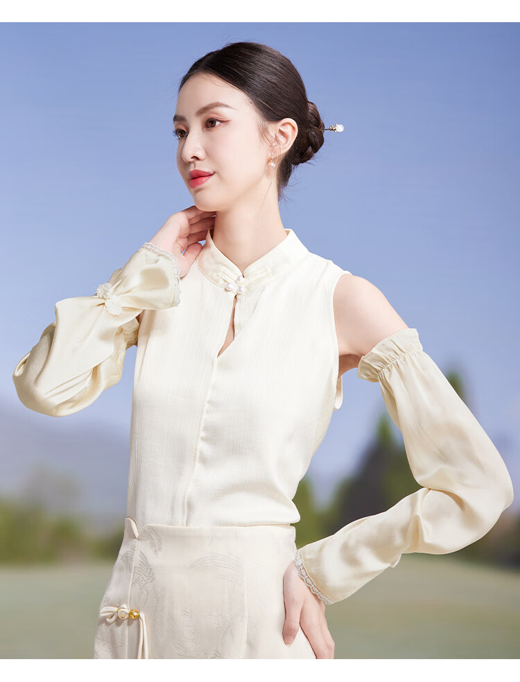 Shanghai Story Women's 100% Mulberry Silk Sun Protection Sleeves Spring Summer Chinese Style Lace Ice Sleeves UV Protection Champagne Gold 11