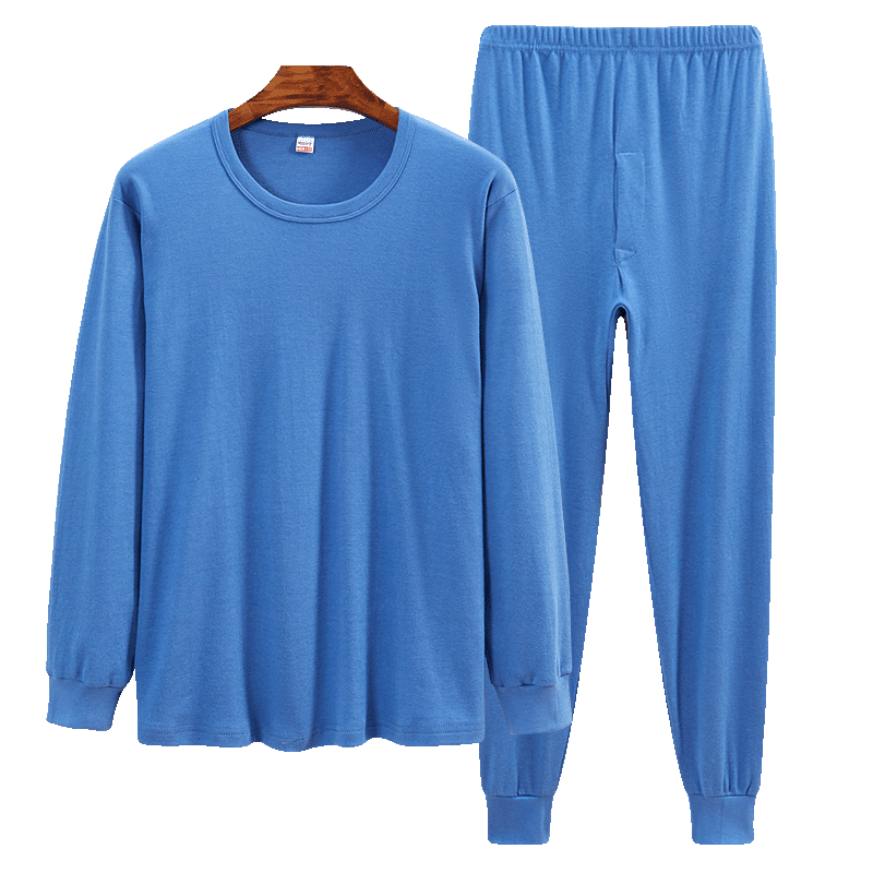 Bejirog Men's Middle-aged and Elderly Autumn Cotton Thermal Underwear Set Base Layer Warm Thin Cotton Sweater Dark Blue 4XL