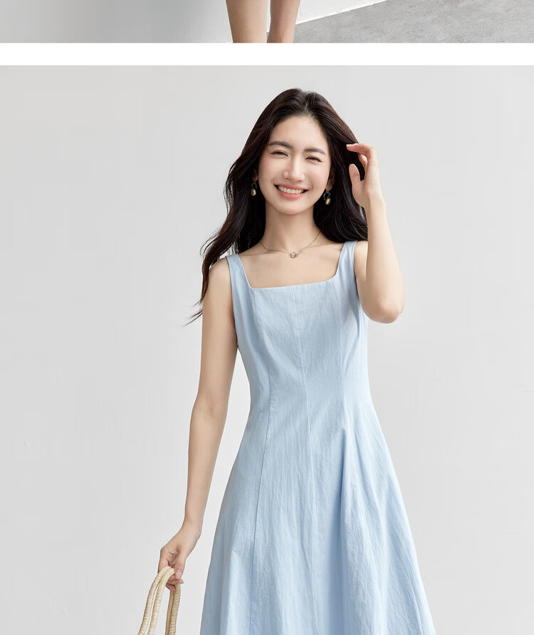 Shangdu Bila 100% Cotton A-Line Dress Women Summer Slim Waist Spaghetti Strap Square Neck Casual Mid-Length Dress 17