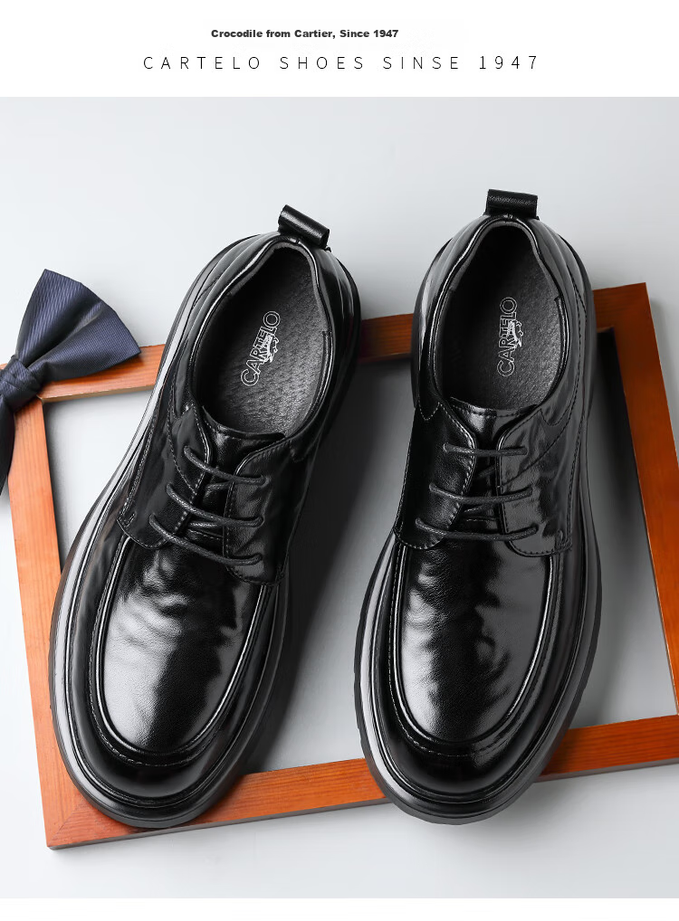 CARTELO British Men's Leather Shoes, Thick-Soled Heightening Business Casual Shoes, Low-Top Round Toe Breathable Cowhide Shoes for Men, 9960 Black, Size 39 3