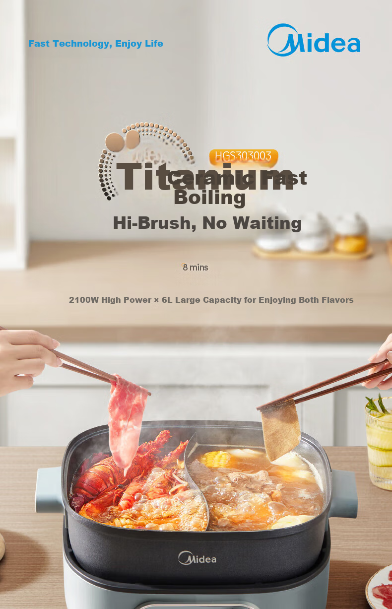Midea Electric Hot Pot, Dual-Sided Pot for Home Use, 4-6 People, 6L Capacity, Titanium And Ceramic, Zero Fluorine, Antibacterial, Dormitory Style, Detachable Design, 9CM Deep, Multifunctional, Bionic Non-Stick Pot, New Electric Cooker, Self-Operated 2