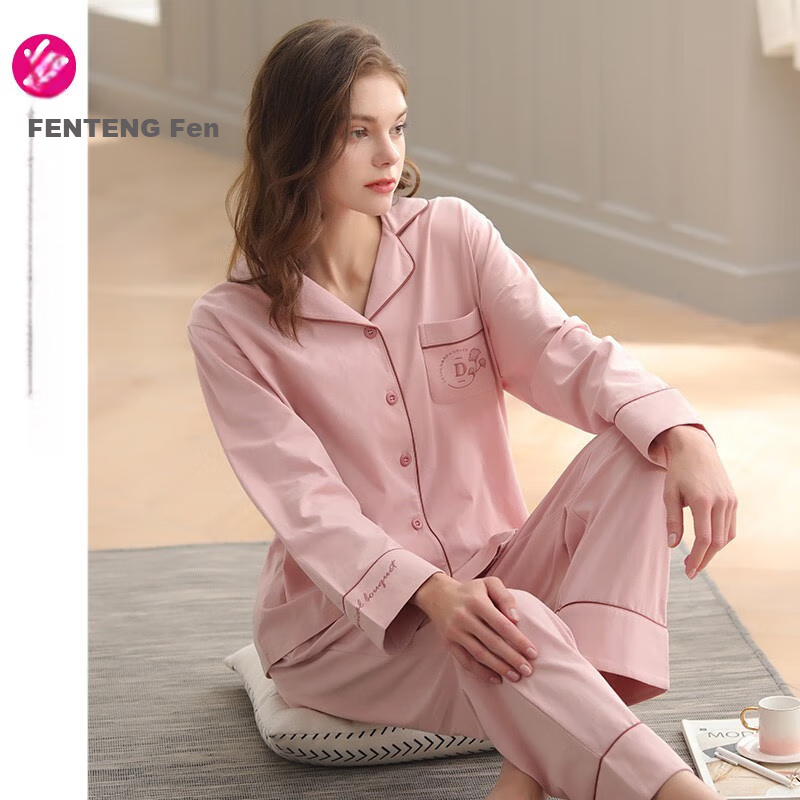 Комплект домашней одежды FENTENG из хлопка для женщин, весна-осень, с длинным рукавом, размер M, нежно-розовый
