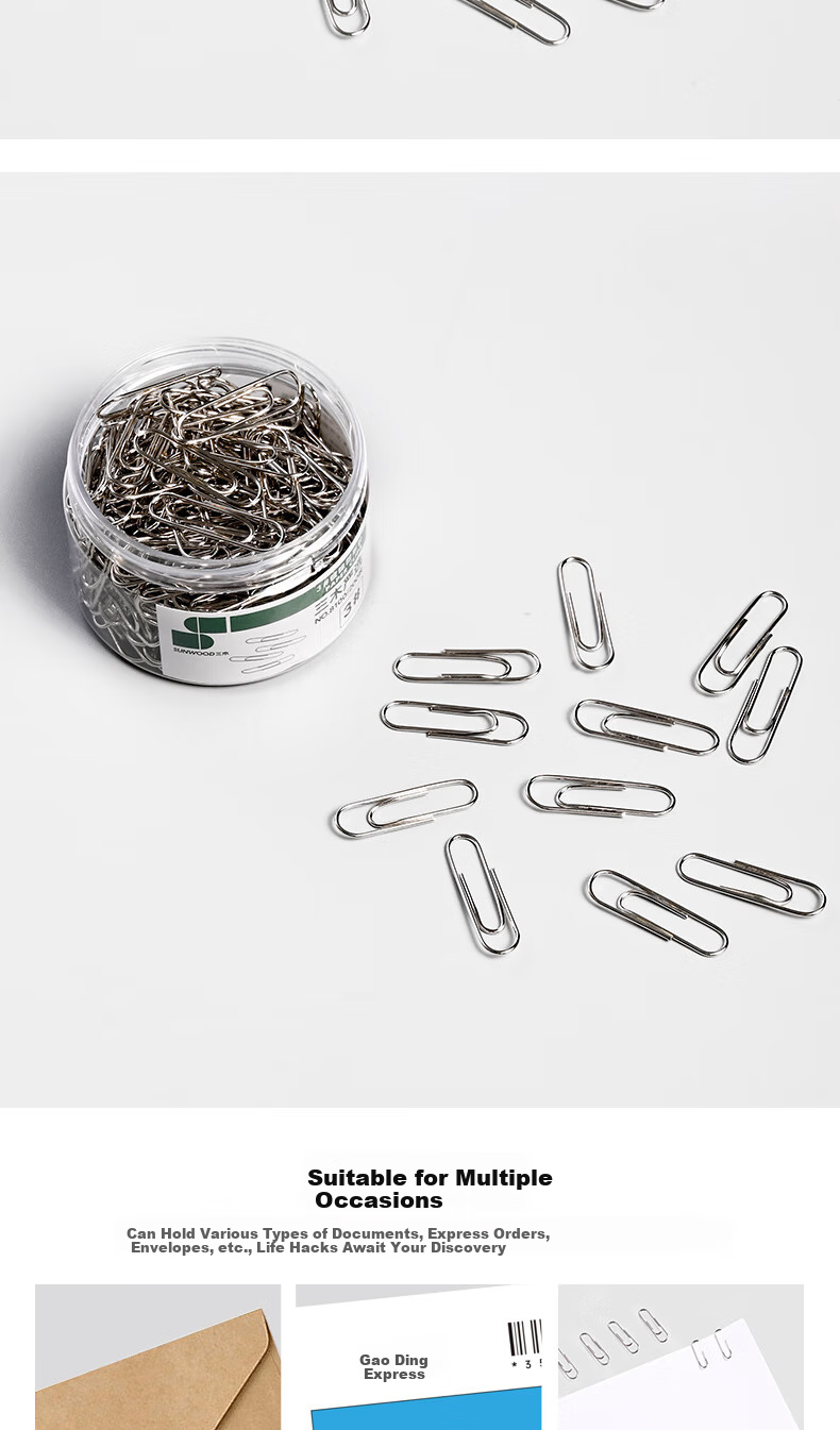 SUNWOOD Nickel-Plated Paper Clips/metal Anti-Rust Binder Clips/classification Storage Office Supplies, 100 Pieces/box, 10 Boxes, 8102 11