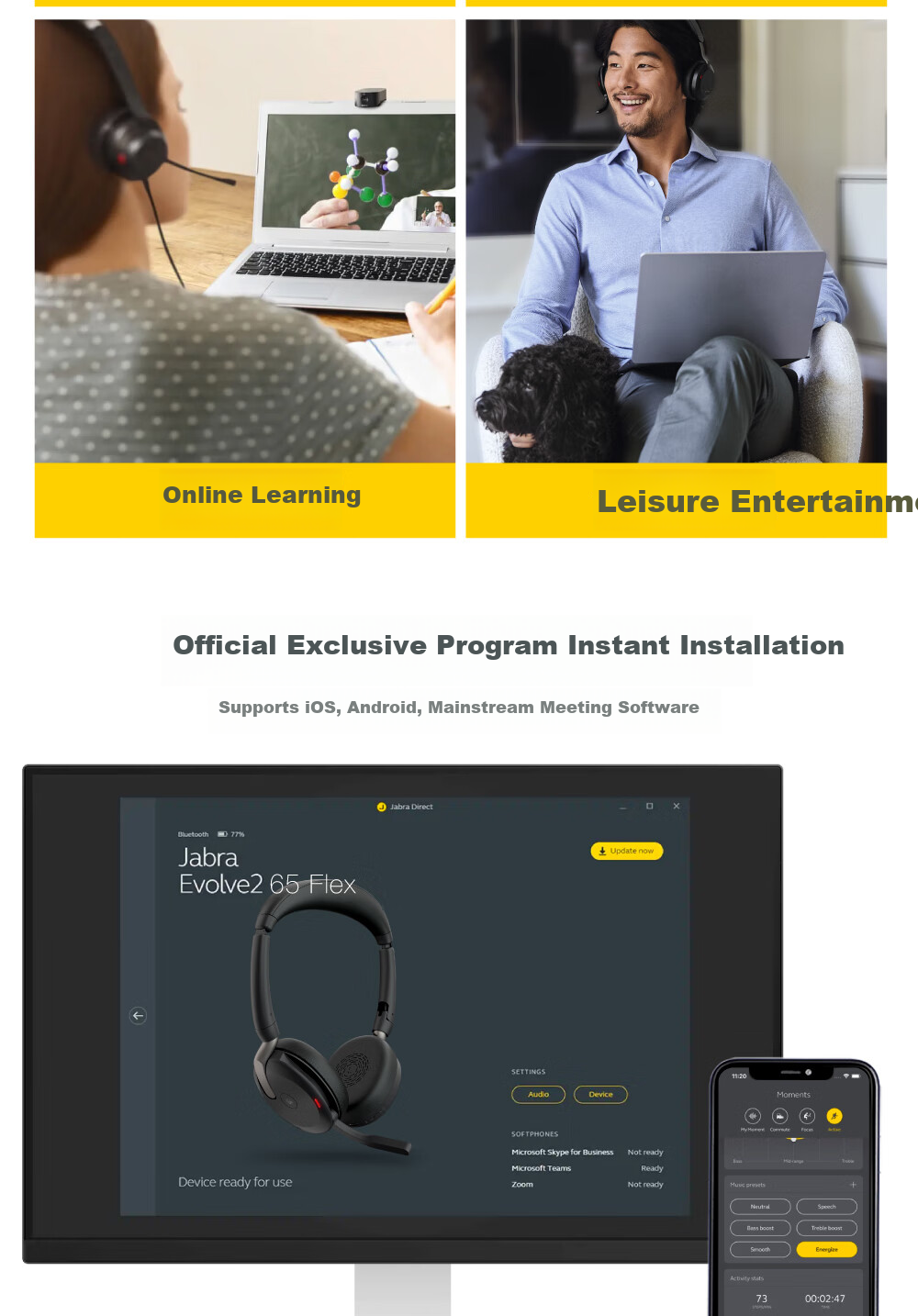 Jabra Evolve2 65 Flex UC Wired Headset with Wireless Charging Dock for Computer Office Meetings, Customer Service Calls, Online Education, Bluetooth Noise-Cancelling Headphones 15
