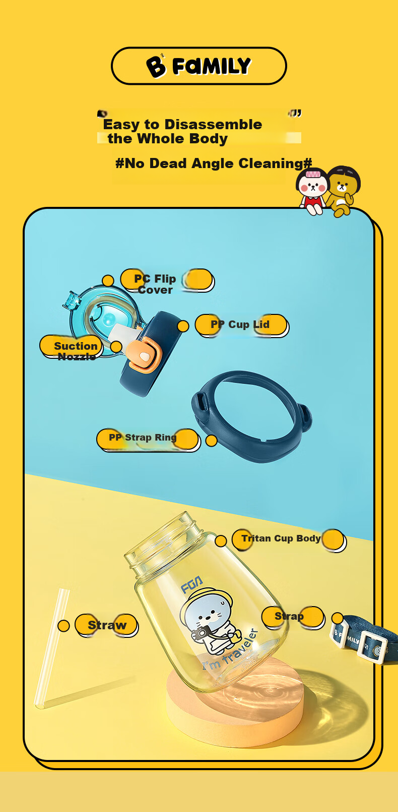 FGA Fuguang Children's Summer Water Bottle with Pop-Up Lid, Straw Cup, Tritan Shatterproof, Portable Handle Strap Water Bottle for Elementary School Students 8