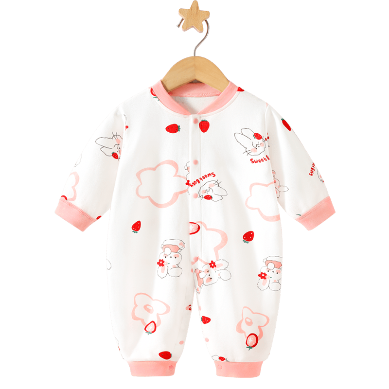 Badibadi Autumn New Pure Cotton Romper Baby Infant Front-Open Loose Jumpsuit Berry Little Rabbit 73cm