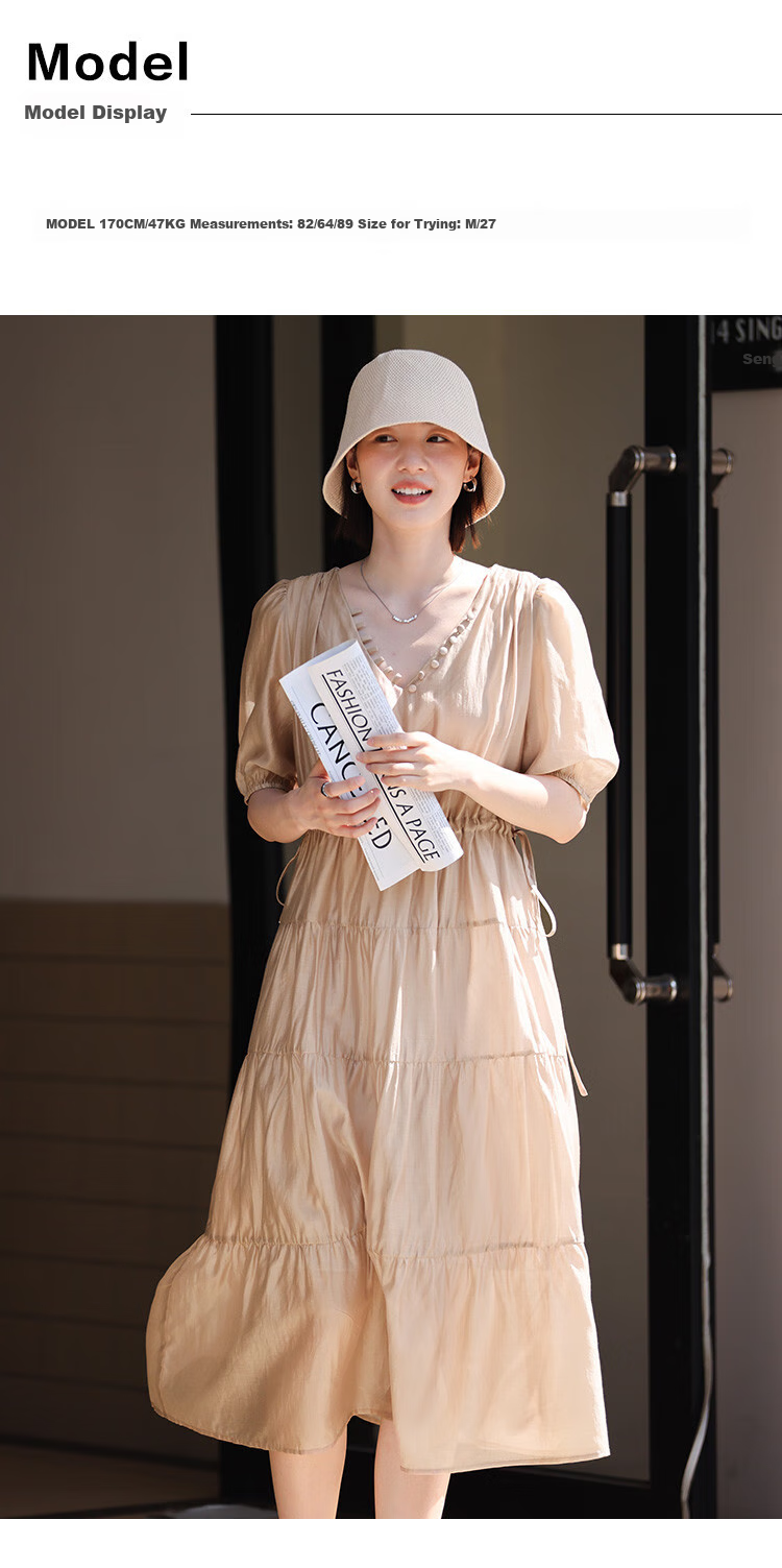 Dme Tencel Flowy Dress with Drawstring Waist And V-Neck Short Sleeves for Women, Light Pink, Size S 4
