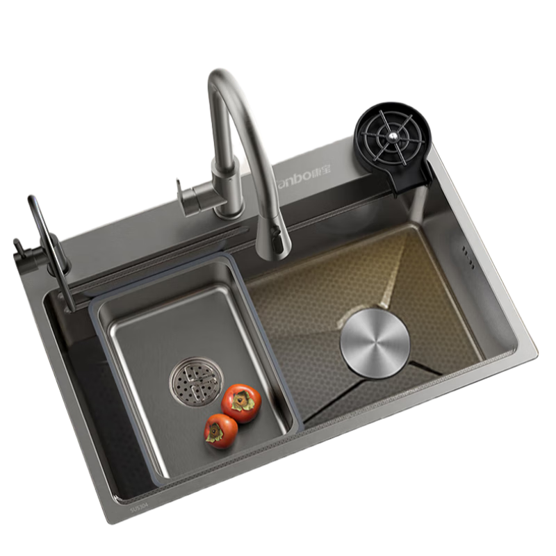 Canbo Large Single Sink, SUS304 Stainless Steel Kitchen Embossed Nano Faucet Set, Integrated Vegetable Washing Basi
