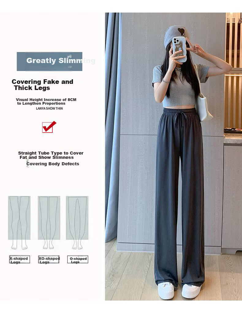 LangSha Women's Leggings, Summer Thin Ice Silk High-Waist Loose-Fitting Draping Floor-Length Slimming Straight-Leg Pants for Commuting 19