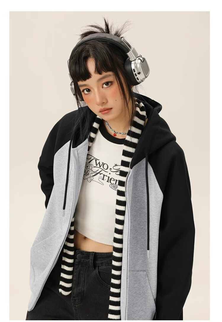 Huili Women's Hoodie Jacket, 2026 New Spring And Autumn Style, Color-Block American Retro Design, Middle School Student Hooded Cardigan, High-End Spring Outfit 10