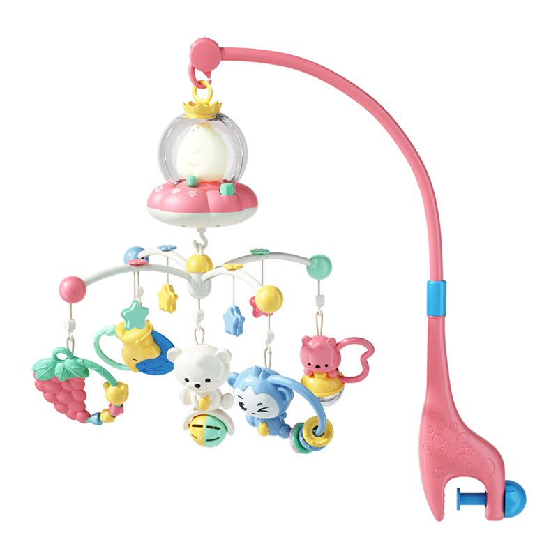 Xinge Baby Crib Mobile, Music Rotating Bed Head Rattle, Bed Hanging, for 0-1 Year Old Babies, Soothing Mobile, Rechargeable Remote Control, Pink
