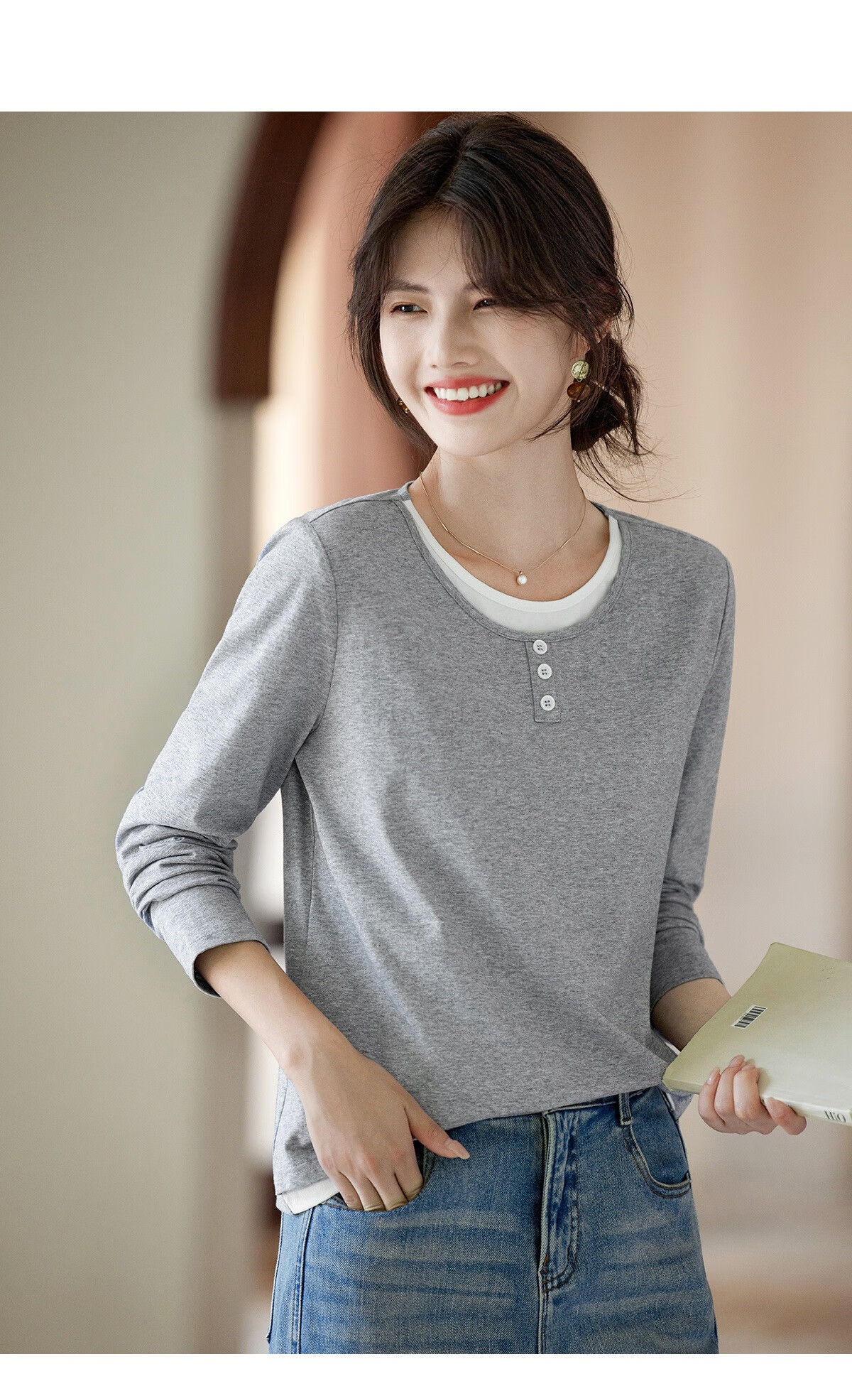 Taxiang Long-Sleeve T-Shirt for Women, Fashionable Faux Two-Piece Top, Round Neck, Versatile for Commuting, Slimming Base Layer, Women's T-Shirt T53T094 7