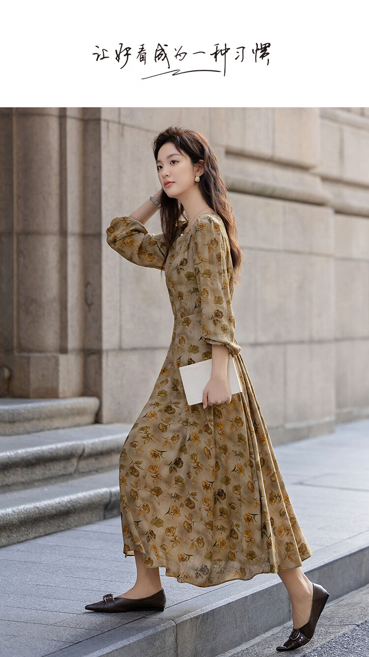 Dme [Retro Garden] Autumn French Floral Waist-Cinching X-Shaped Elegant Petite Adjustable Belt Dress for Wome 1