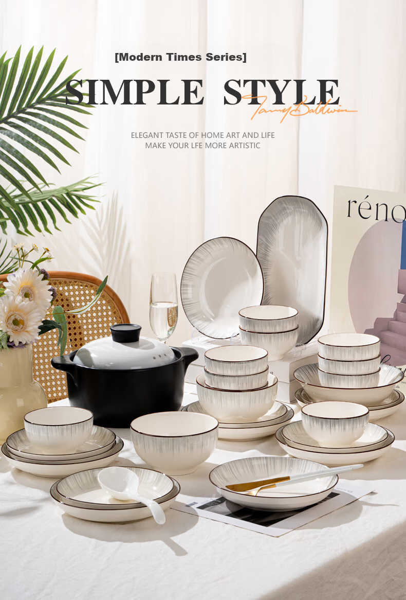 KANGQIN Bowl And Plate Set with Underglaze Color, Simple Nordic Style Ceramic Bowls Plates Chopsticks for 12 People, Upgraded Casserole Deluxe Gift Box Set 3