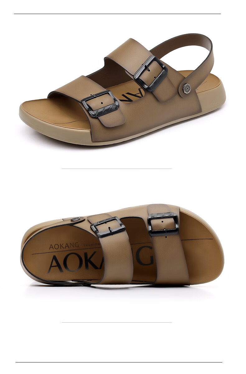 Aokang Men's Sandals, Summer Beach Shoes, Casual Slippers, Soft-Soled Sandals, Khaki Color, Size 42 9