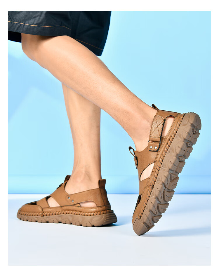 Guizhibu Summer Breathable Sandals, Non-Slip Sports Casual Closed-Toe Beach Shoes, Light Luxury Leather Sandals G1101 Light Brown 39 4