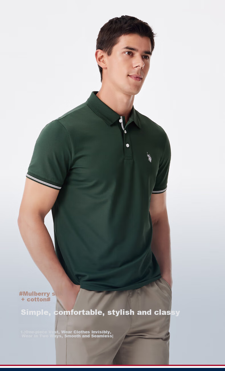 U.S. POLO ASSN., [Light Luxury Mulberry Silk], Polo Shirt for Men, Summer Business Cool-Touch T-Shirt, High-End Short-Sleeve, Father's Day 1
