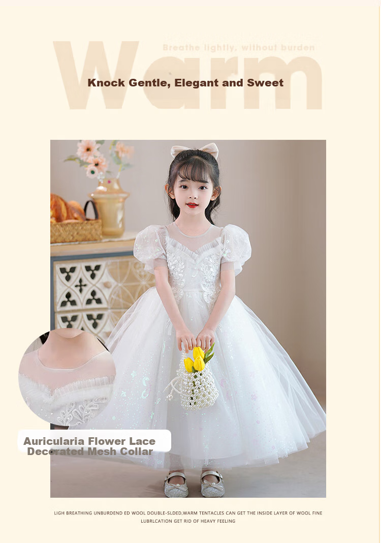 LUOBOBEIBEI Girls' Princess Dress, Summer 2025 Performance Costume, Children's White Dress, Tulle Puffy Skirt, White, Size 130 2