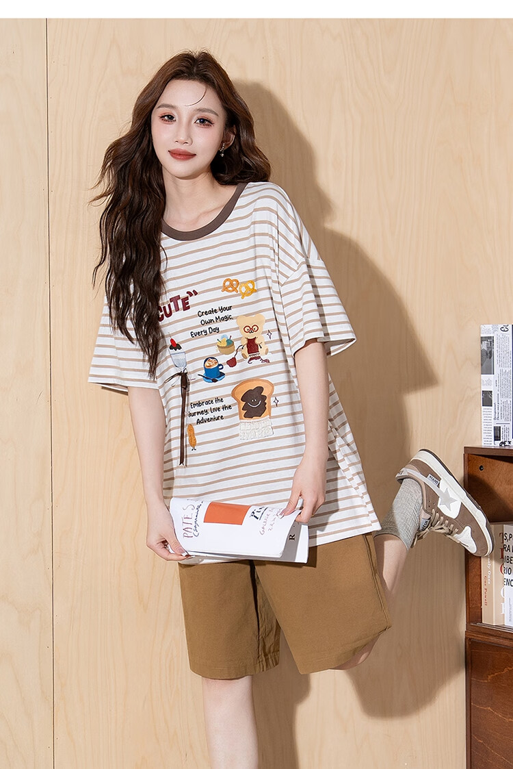 TonLion 2025 Summer Women's Striped 3D Bow Lace Trim Printed Short-Sleeve T-Shirt 10