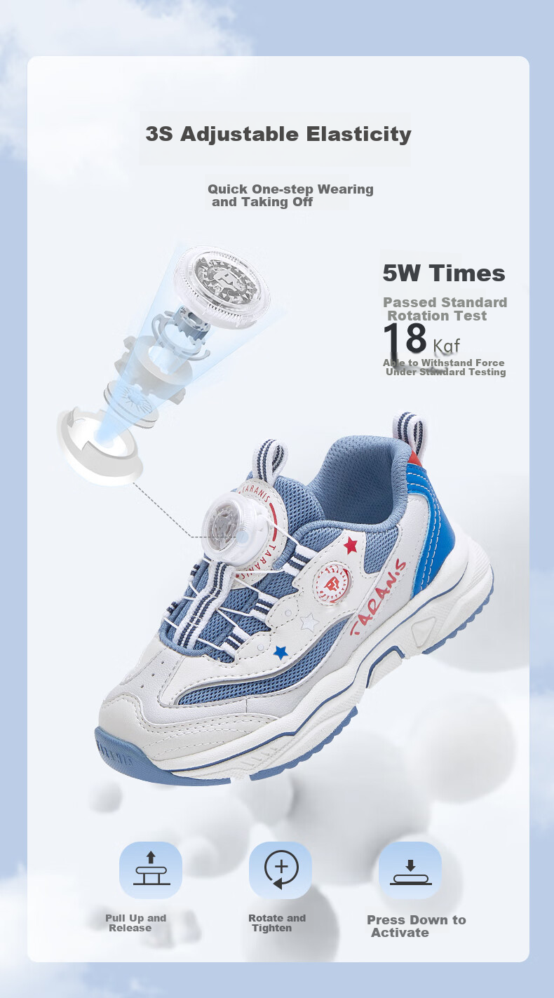 TARANIS Children's Sports Shoes, Spring Anti-Slip Wear-Resistant Boys Running Shoes, Rotary Buckle Girls Dad Shoes, White/blue/red, Size 37 3